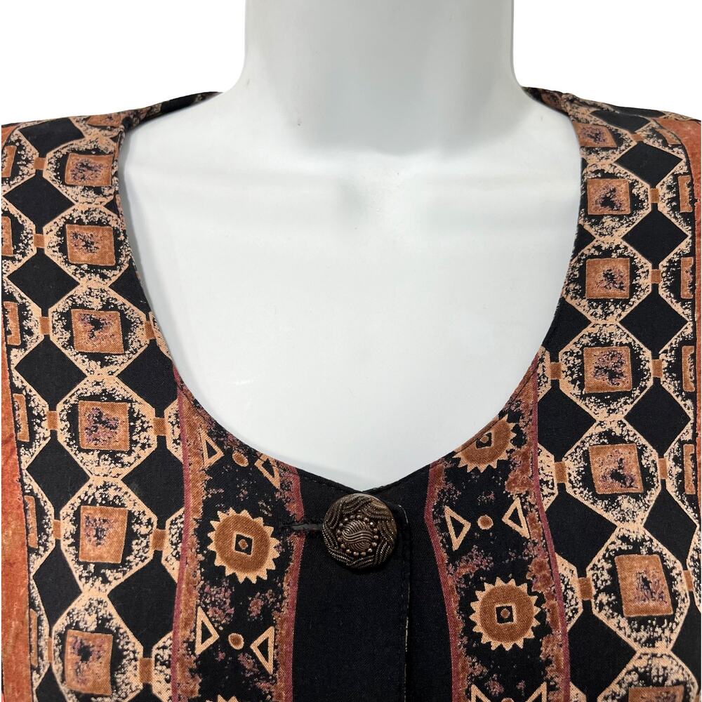 Vintage Brown Red Geometric Button Up Short Sleeve Top Skirt Suit Set size M - Picture 14 of 16